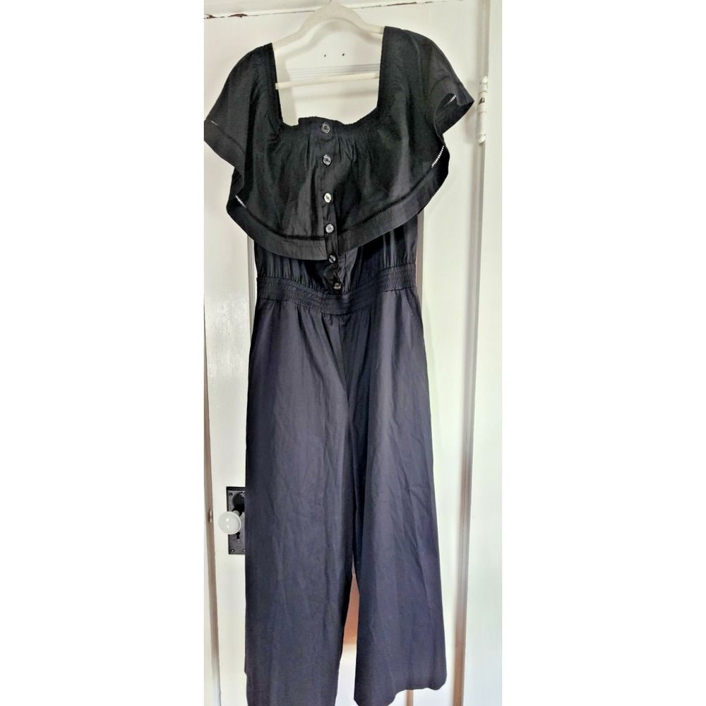 DONNAKARAN womens M black jumpsuit ruffled off the shoulder elastic waist pocket